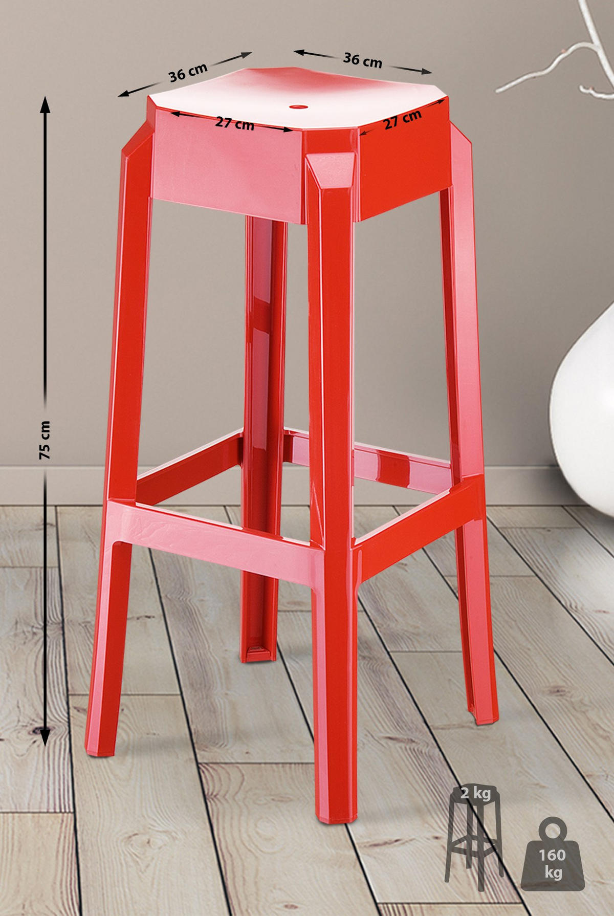 BARHOCKER 2er Set Kunststoff rot - Eukalyptusholzfarben/Rot, Kunststoff (36/75/36cm) - CLP
