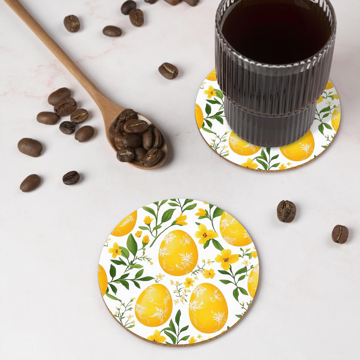 GLASUNTERSETZER Blumen - Ostereier - Gelb 10x10 cm - Gelb, Naturmaterialien (10/0.2cm) - MuchoWow