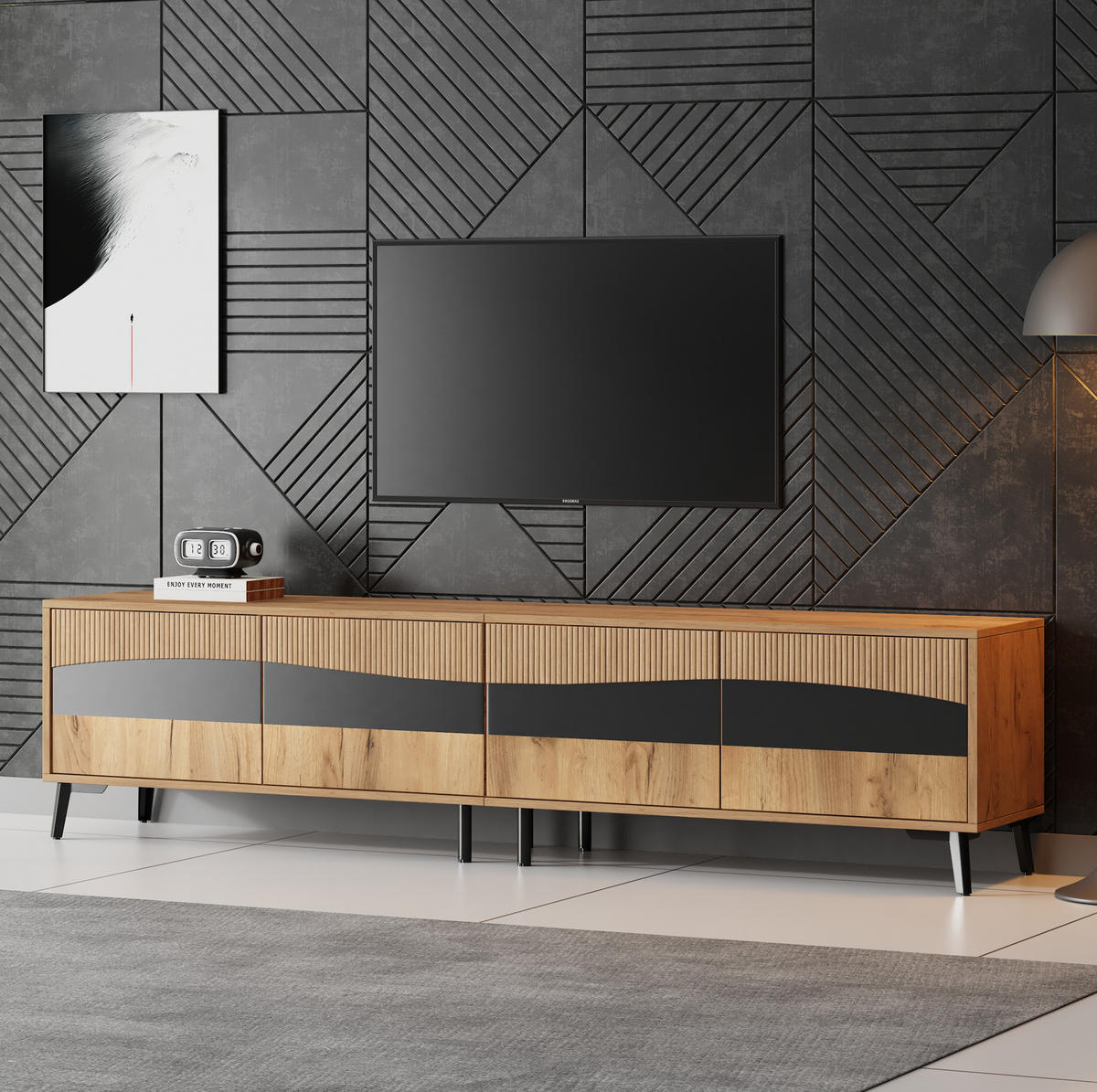 TV stolek 180/40/50 cm se 4 skříňkami, symetrický design a úložný prostor pro 75" TV, Přírodní - přírodní, kompozitní dřevo (180/50/40cm) - Redom