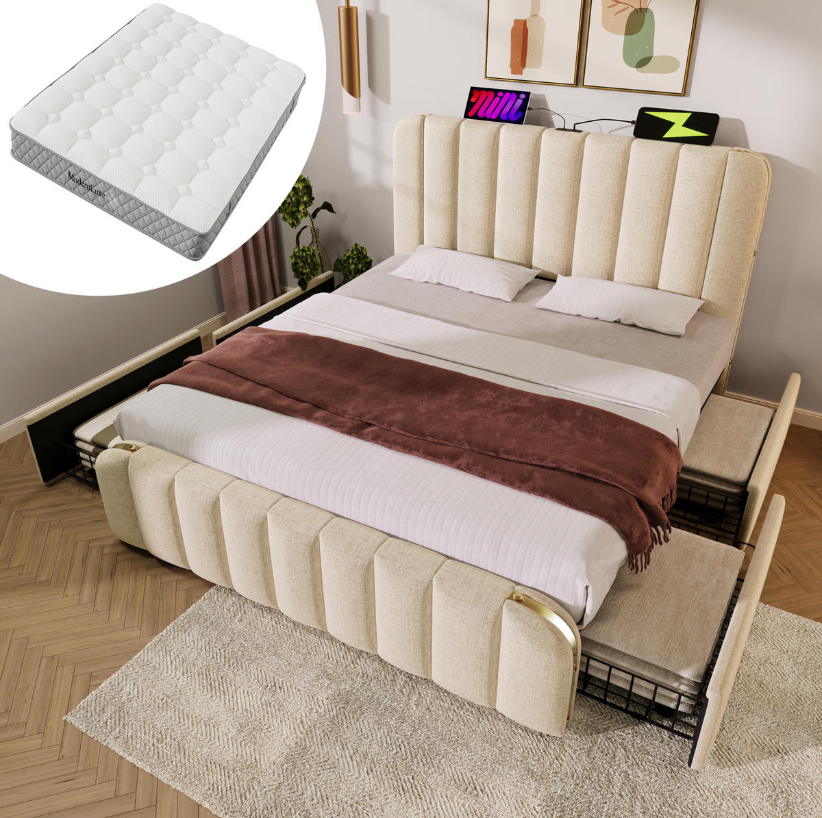 POLSTERBETT mit Matratze, USB und 4 Schubladen 160x200 cm Beige Leinen - Beige, Metall (160/200cm) - Meubliv