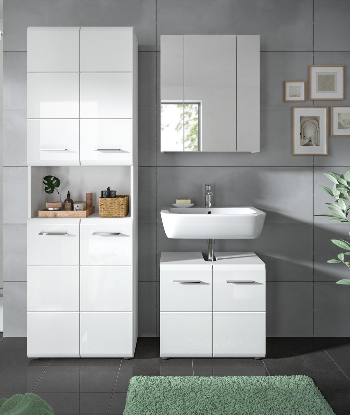 BADMÖBEL-SET 3-teilig weiß Hochglanz, Badkombination 135 cm mit viel Stauraum - Weiß Hochglanz/Silberfarben, Glas/Holzwerkstoff (135/185/30cm) - Inn.Furn