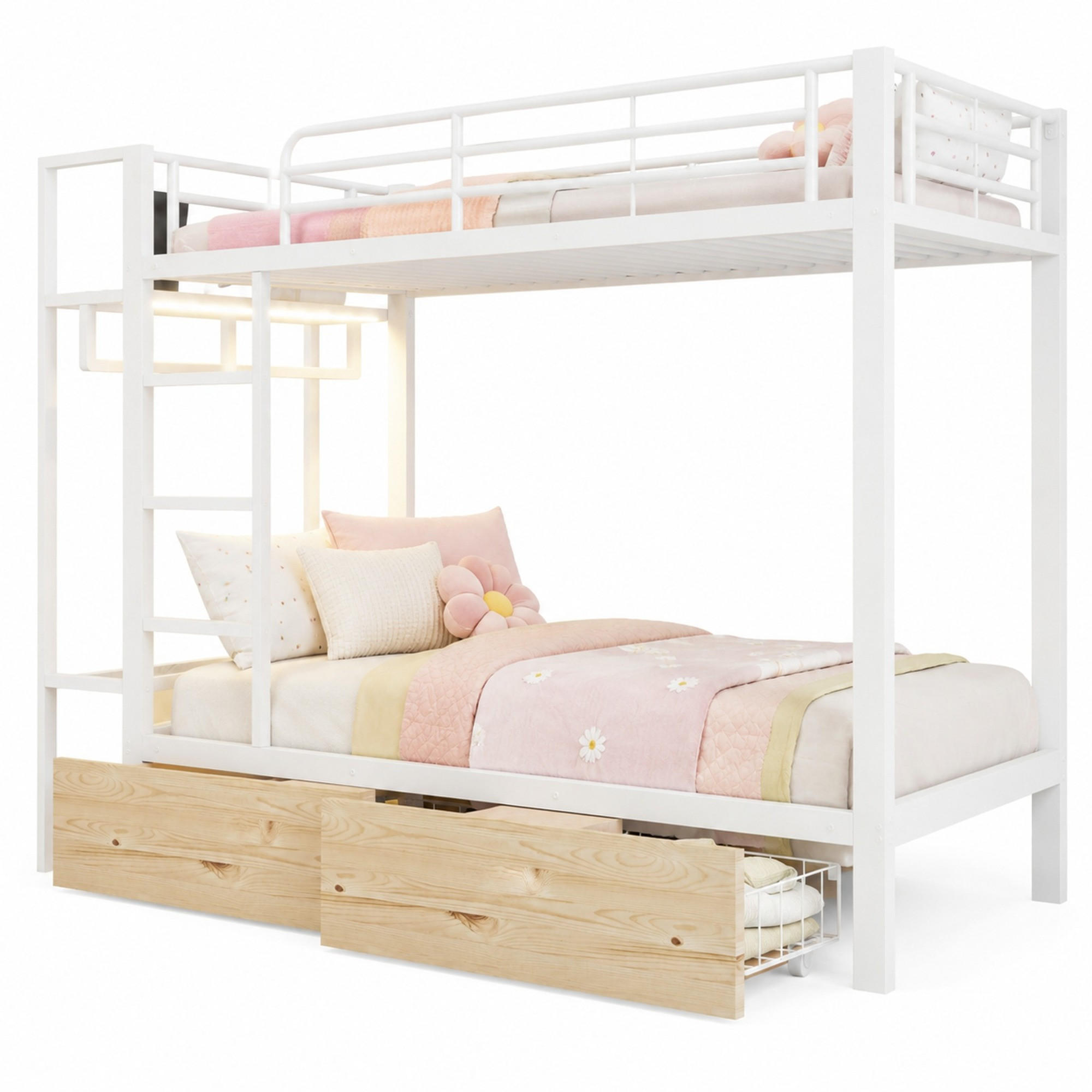 ETAGENBETT 90/200 mit LED, Schubladen, Regalen und Kleiderstange in Weiß - Weiß, Holzwerkstoff/Metall (90/200cm) - EVRYAE