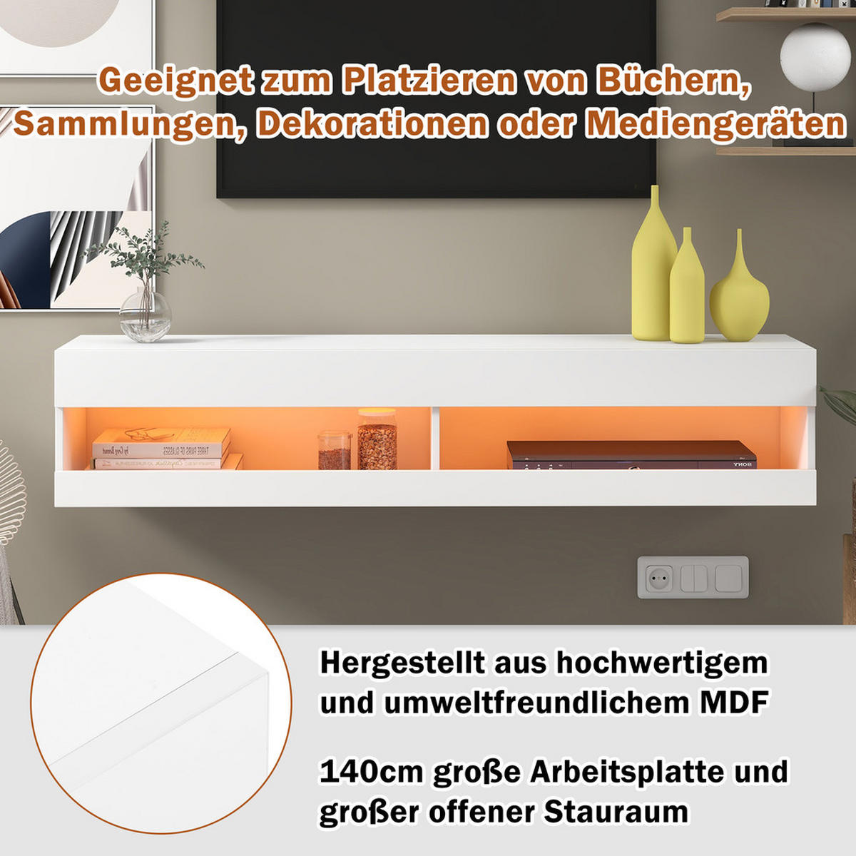 TV-SCHRANK 140x40cm Lowboard Hochglanzweiß LED-Beleuchtung Stauraum - Weiß, Holz (51.5/12/150.5cm) - FLIEKS