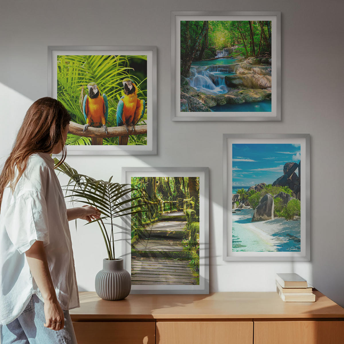 WANDBILDER 4er Set - 50x50 cm & 40x60 cm Silberner Rahmen - Tropischer Wald Papageienwasserfall - Silberfarben, Kunststoff (50/50cm) - ArtPrintCave