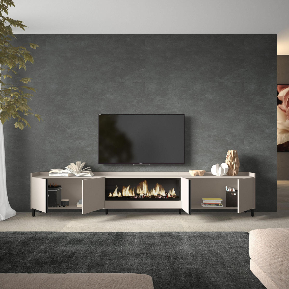 LOWBOARD, Beige, 315/35/61cm, Kamin mit Feuereffekt XXL - Beige, Holzwerkstoff (315/61/35cm) - Skraut Home