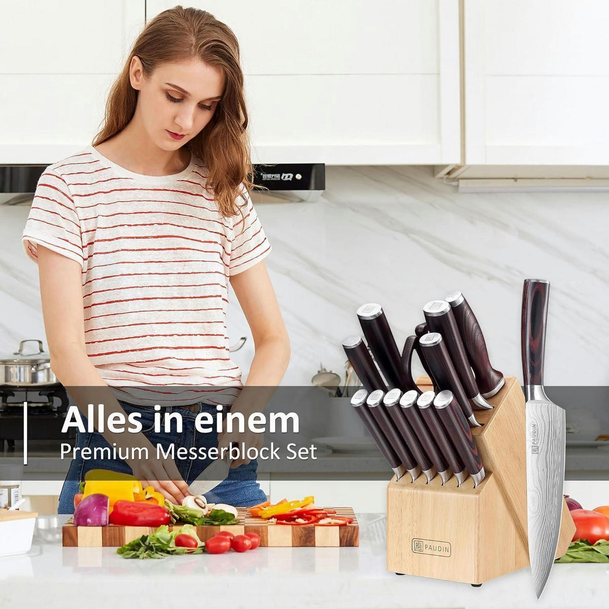 MESSERBLOCK Set 14-teilig Edelstahl mit Holzblock und Wetzstahl - Multicolor, Holz