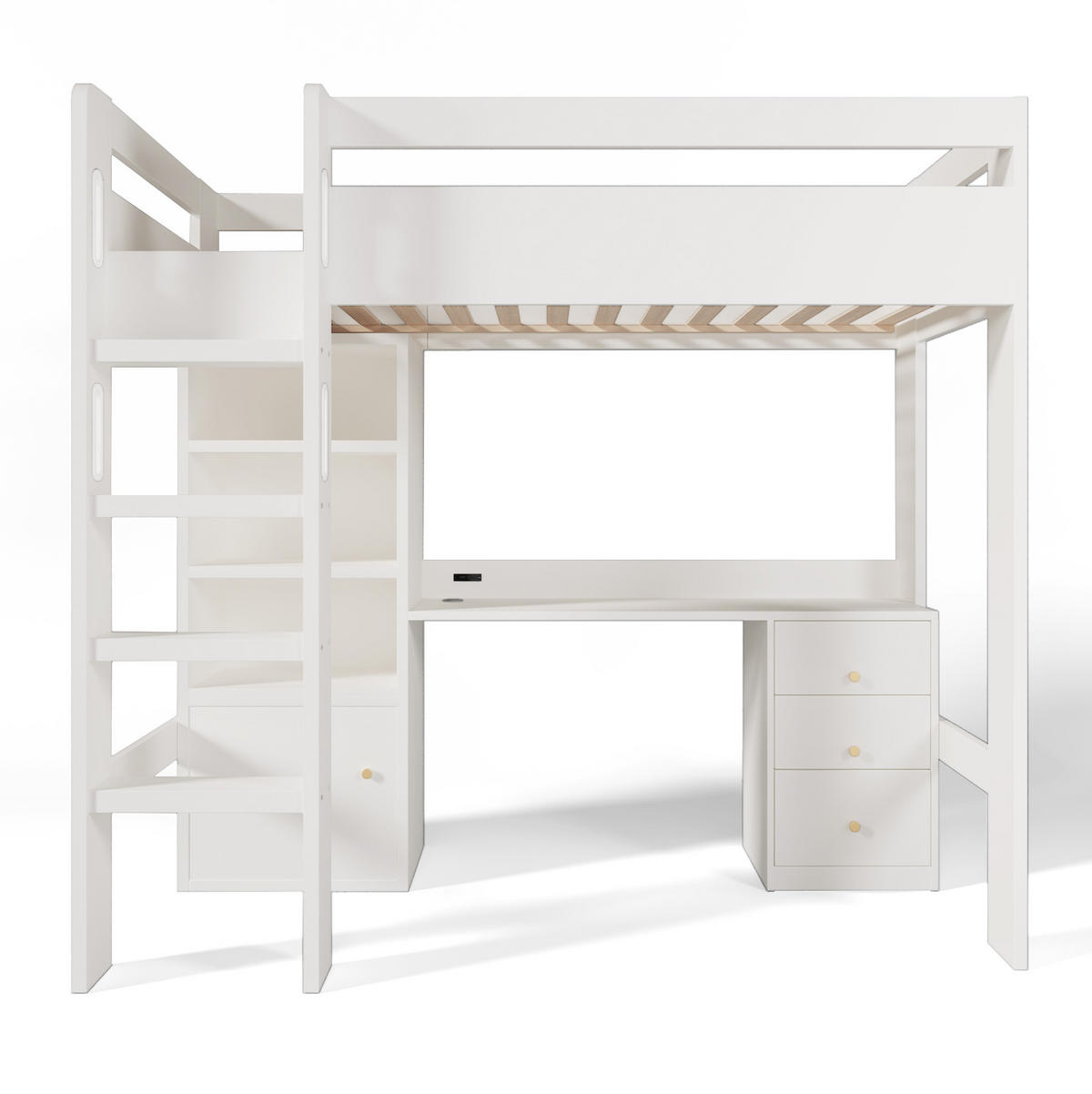 HOCHBETT 90/200 cm mit Schreibtisch, USB-/Type-C-Anschluss, Kleiderschrank und Stauraum, Weiß - Weiß, Holzwerkstoff (90/200cm) - Redom