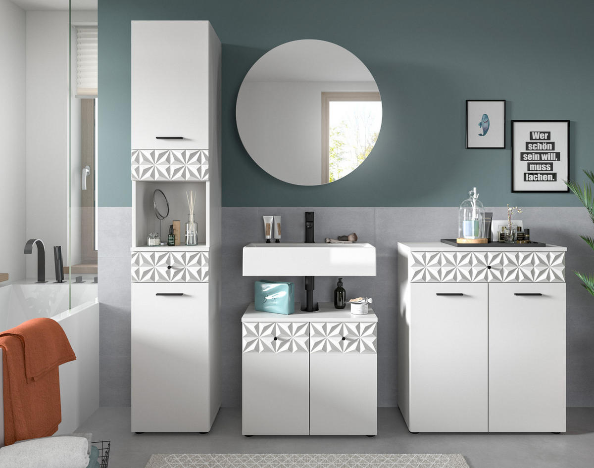 WASCHBECKENUNTERSCHRANK weiß Hochglanz 60 cm, Badschrank mit 3D-Struktur - Weiß Hochglanz/Schwarz, Holzwerkstoff/Kunststoff (60/54/34cm) - Inn.Furn