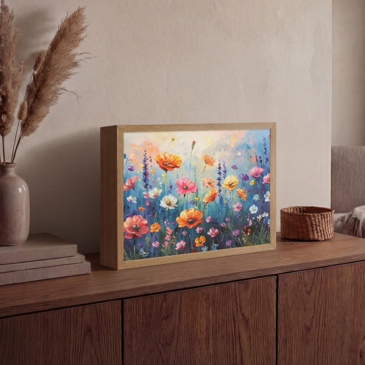 NÁSTĚNNÁ LAMPA S AKUMULÁTOREM Květiny - Příroda - Akvarel - Umění 40x30 cm - různobarevná, kompozitní dřevo (40/30/8cm) - OnlyWow