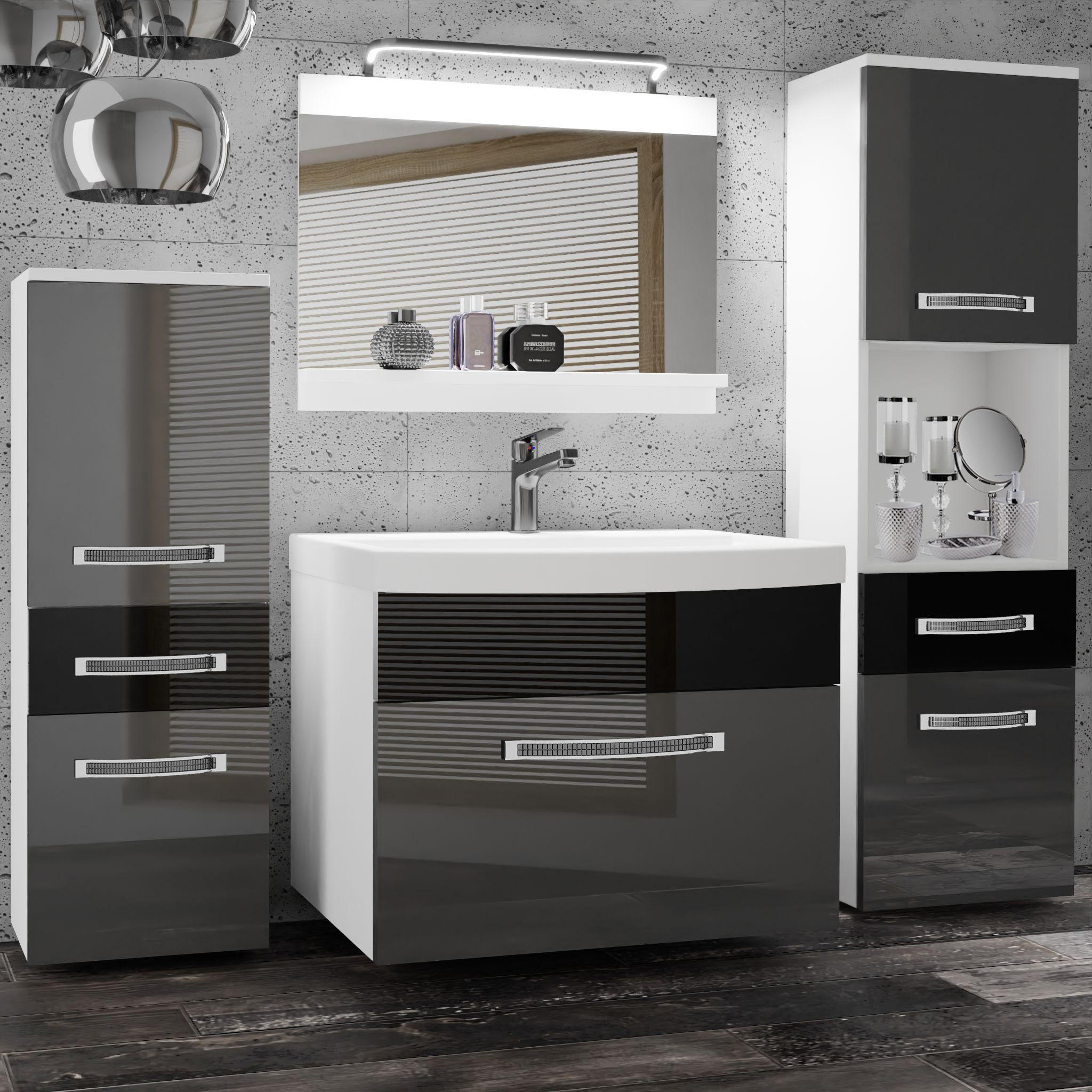 BADMÖBEL Badezimmer Silber / Schwarz Glänzend - Silberfarben/Schwarz, Holz (140/113/40cm) - B BELINI GROUP