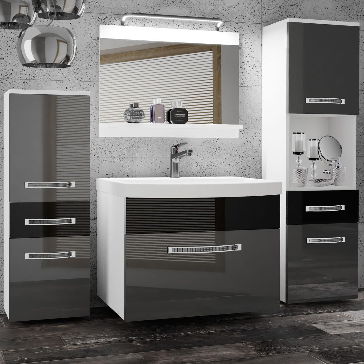 BADMÖBEL Badezimmer Silber / Schwarz Glänzend - Silberfarben/Schwarz, Holz (140/113/40cm) - B BELINI GROUP