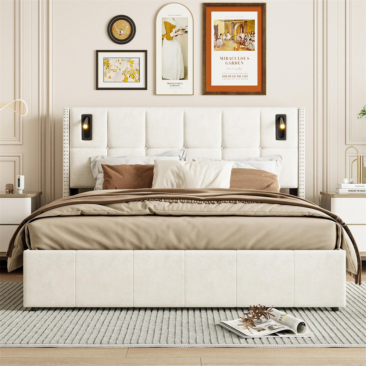 POLSTERBETT 160x200 cm - mit integrierten LED-Leseleuchten und hydraulischer Hebefunktion - ohne Matratze - Beige - Beige, Textil (160/200cm) - DELFA