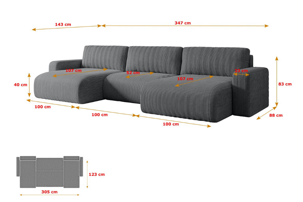 WOHNLANDSCHAFT mit Schlaffunktion und Bettkasten KLEEA-U - 347x143x83 cm Dunkelgrau Cord - Dunkelgrau/Schwarz, Holzwerkstoff/Kunststoff (347/83/143cm) - ALTDECOR