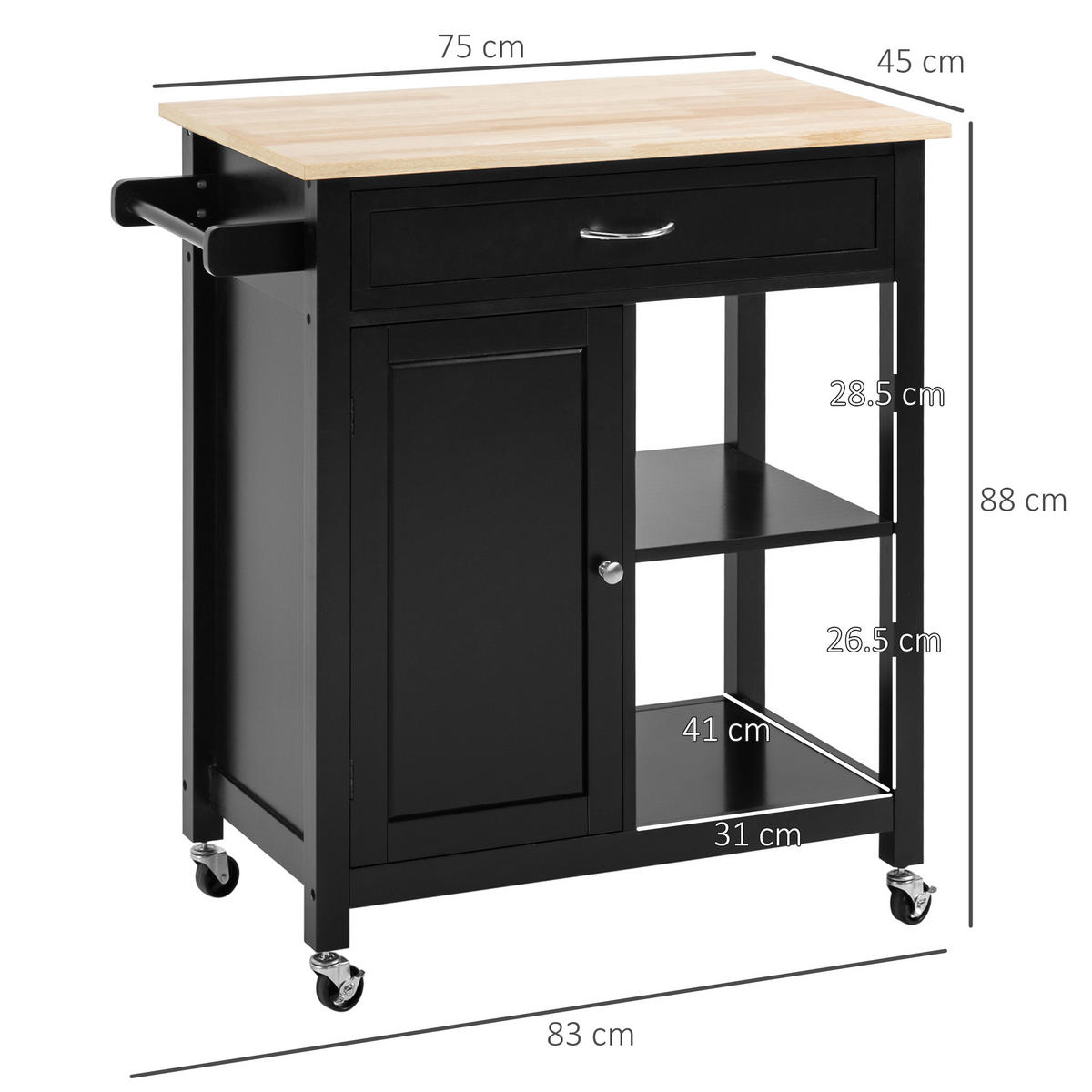 KÜCHENWAGEN, Holz-Wagen mit Schublade und Schrank, 83 x 45 x 88 cm, Schwarz - Multicolor, Metall (83/88/45cm) - FORIOUS