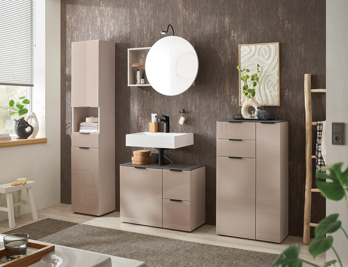 WASCHBECKENUNTERSCHRANK mit 1 Tür - Holzwerkstoff / Glas - Kaschmir / Chromix Anthrazit - Kaschmir/Schwarz, Glas/Holzwerkstoff (80/60/35cm) - home24