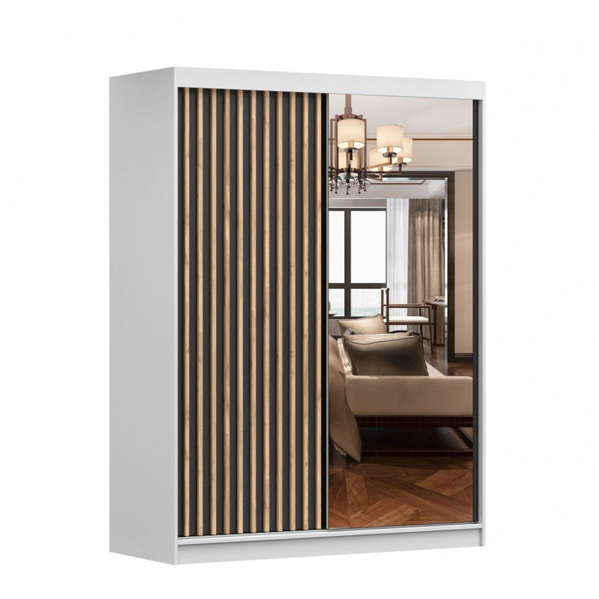 SCHIEBETÜRENSCHRANK - LABI C1 (Weiß + Schwarz) - Schwarz/Weiß, Holzwerkstoff/Metall (150/200/61cm) - Möblo