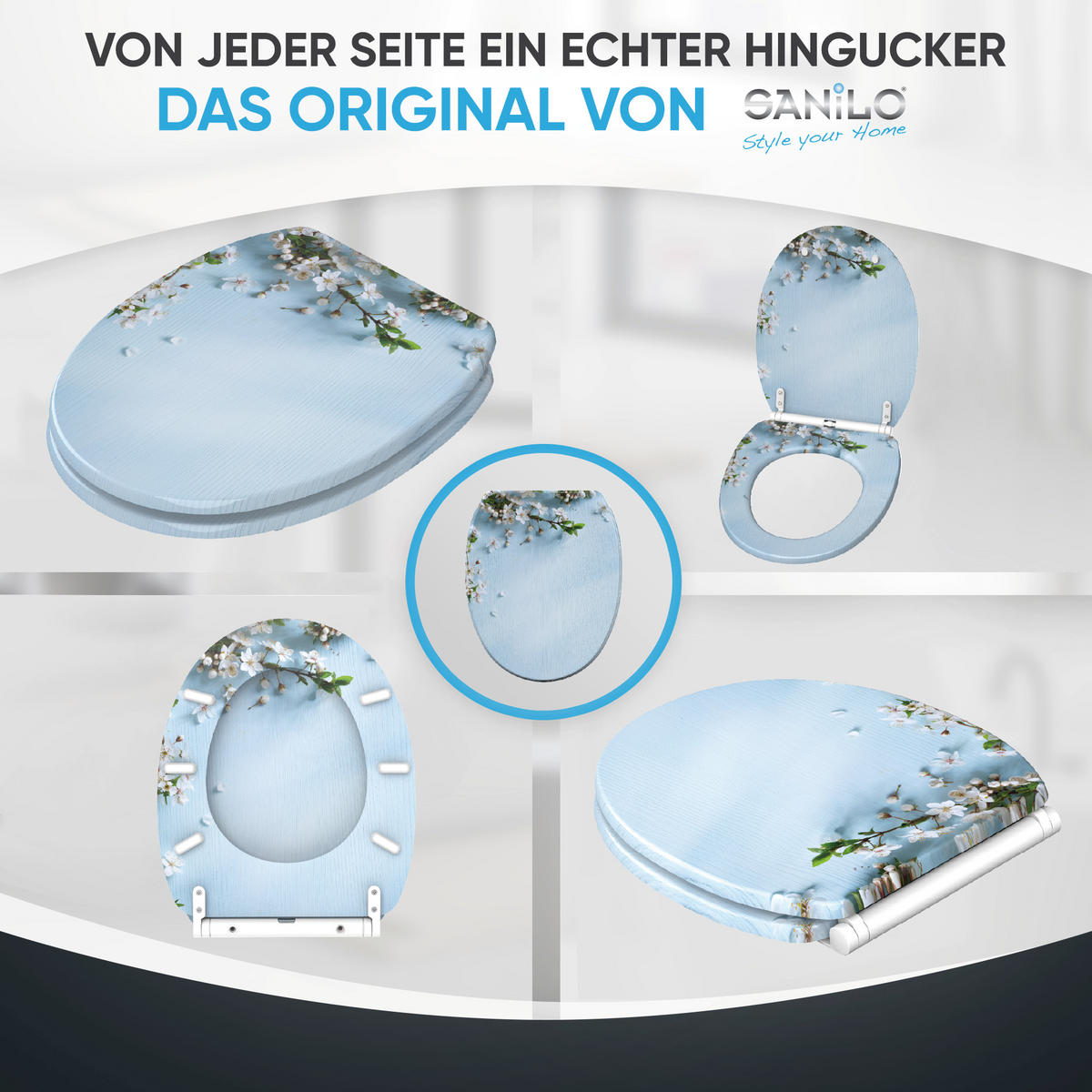 WC-SITZ mit Absenkautomatik & Top Fix Sakura - Blau, Holzwerkstoff (37.7/5.5/48cm) - Sanilo