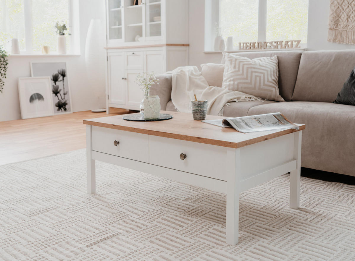 COUCHTISCH weiß, Eiche Artisan Landhaus, 110 x 55 cm, Wohnzimmertisch mit Schubladen - Silberfarben/Weiß, Holzwerkstoff/Kunststoff (55/110/40cm) - Furn.Design