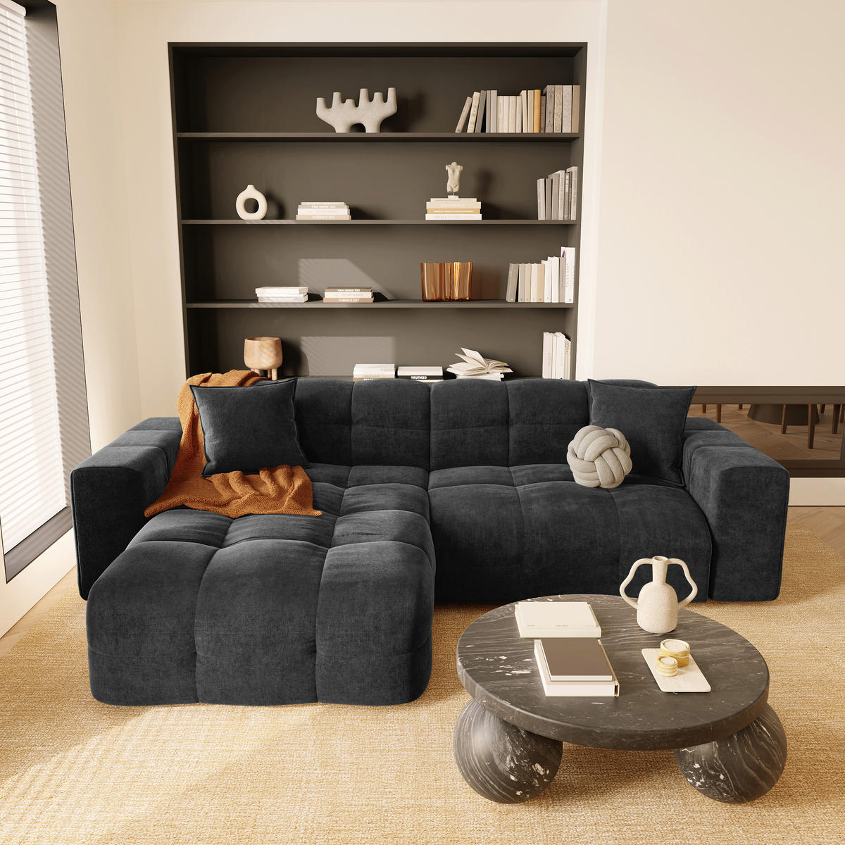 ECKSOFA LINKS Samt Dunkles Anthrazit 230cm - Anthrazit, Textil (155/230cm) - Sia Home