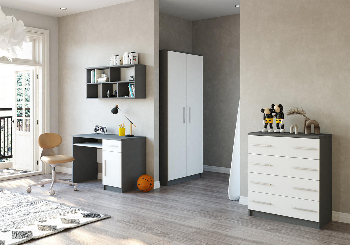 JUGENDZIMMER Arivo in Weiß und Grau 4 teilig Kinderzimmer Komplett Set mit Kleiderschrank, Schreibtisch, Kommode und Wandregal - Weiß, Holzwerkstoff (80/200/120cm)