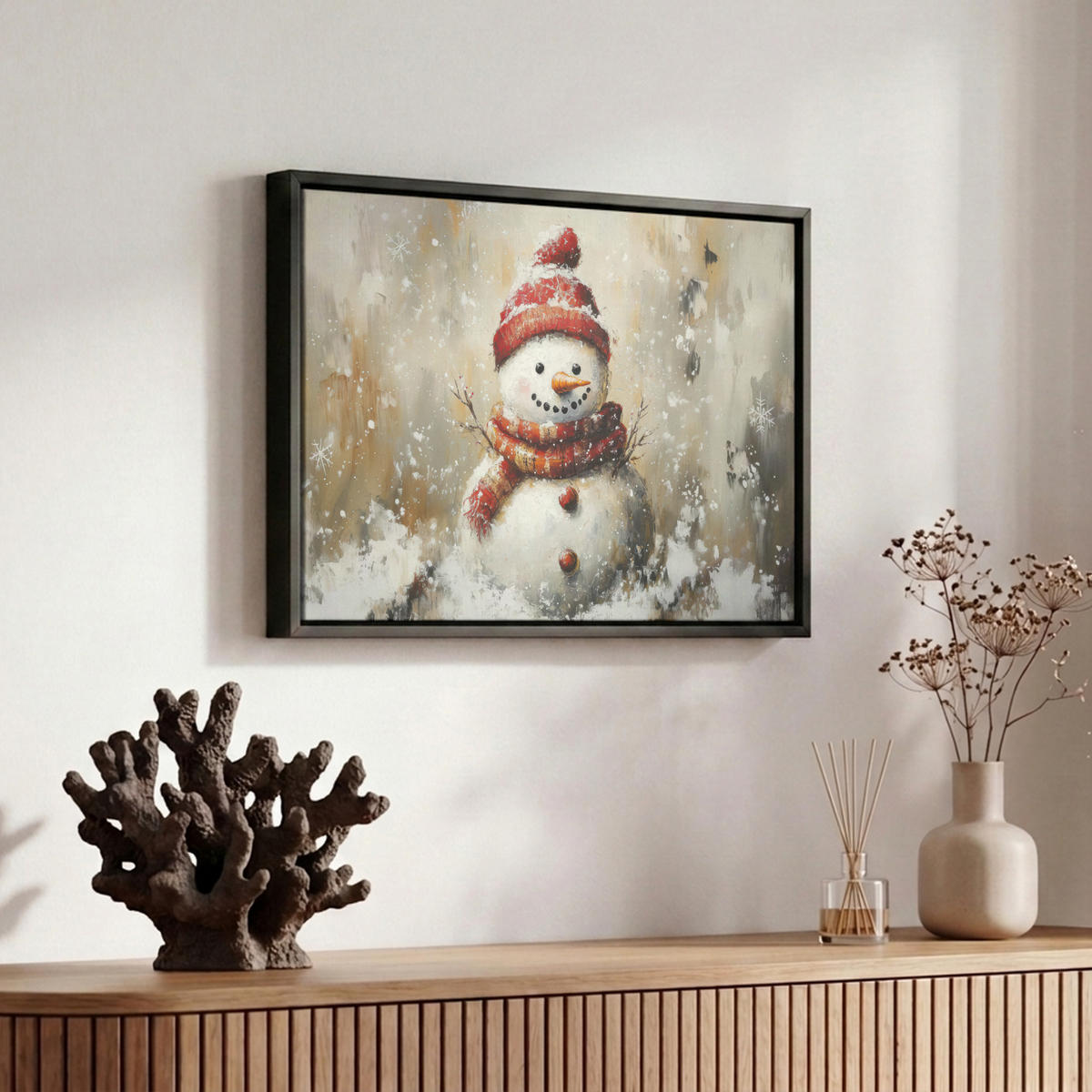 LEINWAND Bilder mit Rahmen - Schneemann - Winter - Schnee - Beige - 30x20 - Weiß, Textil (30/20cm) - MuchoWow