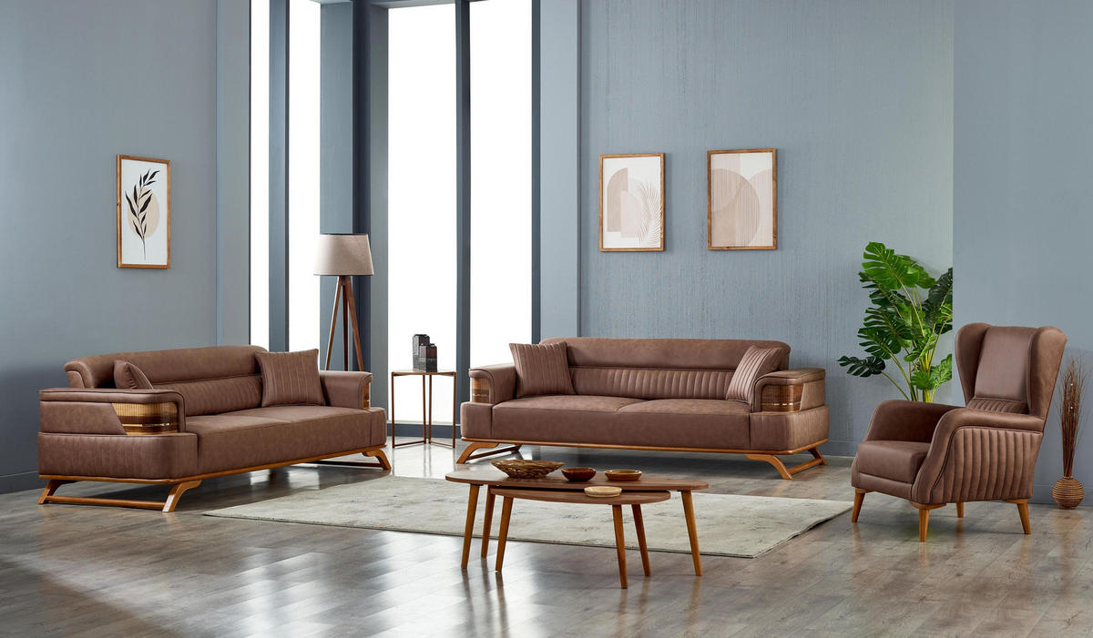 SITZGARNITUR Haiti Braun Stellvariante:3+3+1 - Braun, Holz (235/80/93cm) - Villa Möbel