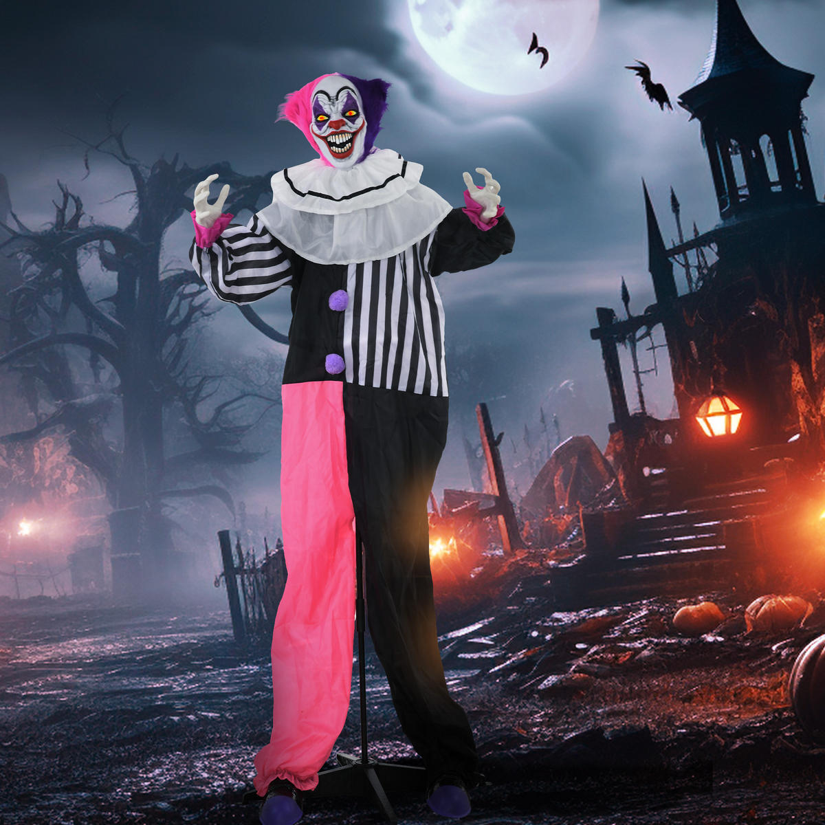 HALLOWEEN-CLOWN DE-42086 beweglich mit Lach-Funktion Pink Lila - Multicolor, Metall (60/173/18cm) - ComfortXL