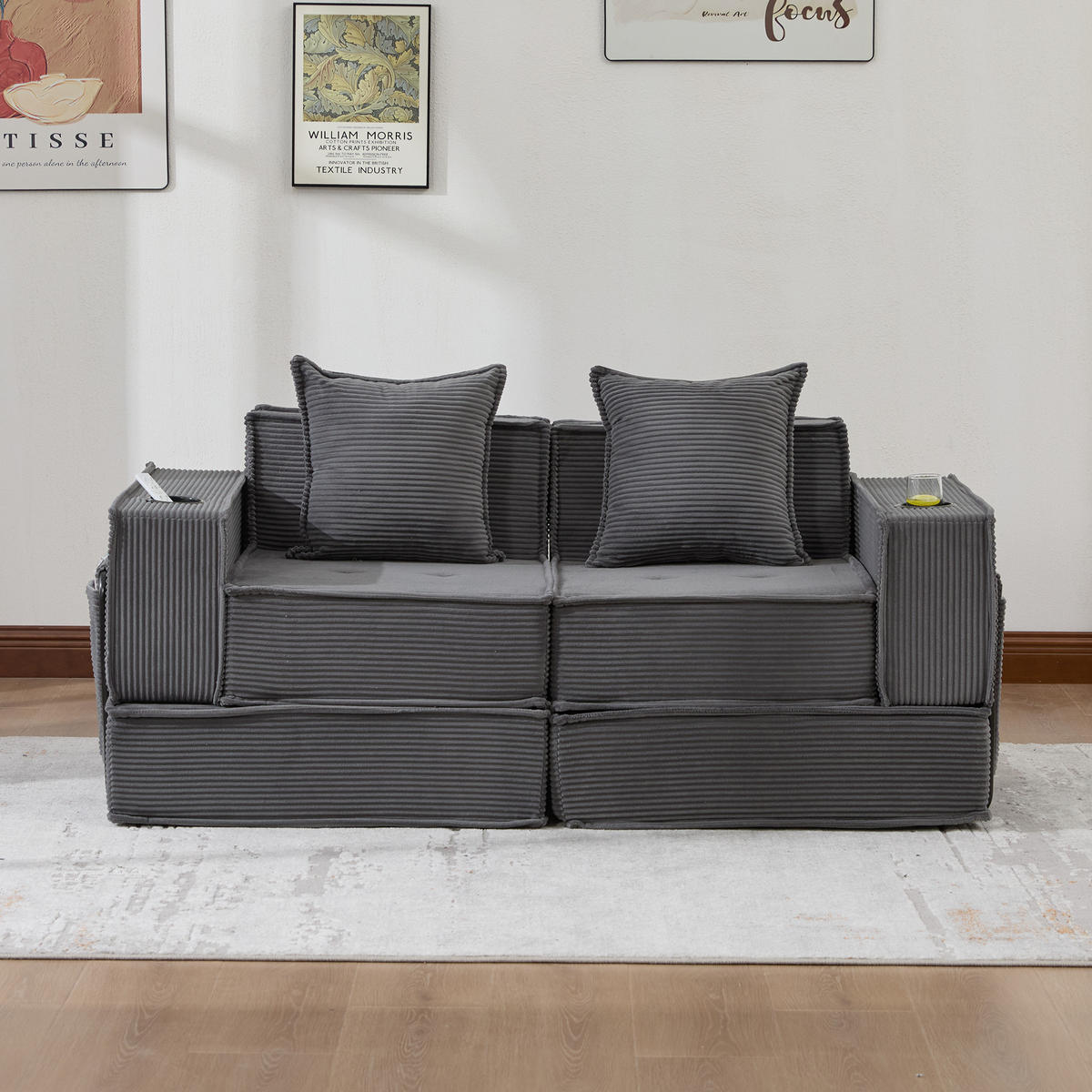 SCHLAFSOFA DE-33894 mit Fußhocker und Becherhalter Dunkelgrau - Dunkelgrau, Textil (78/66/162cm) - ComfortXL