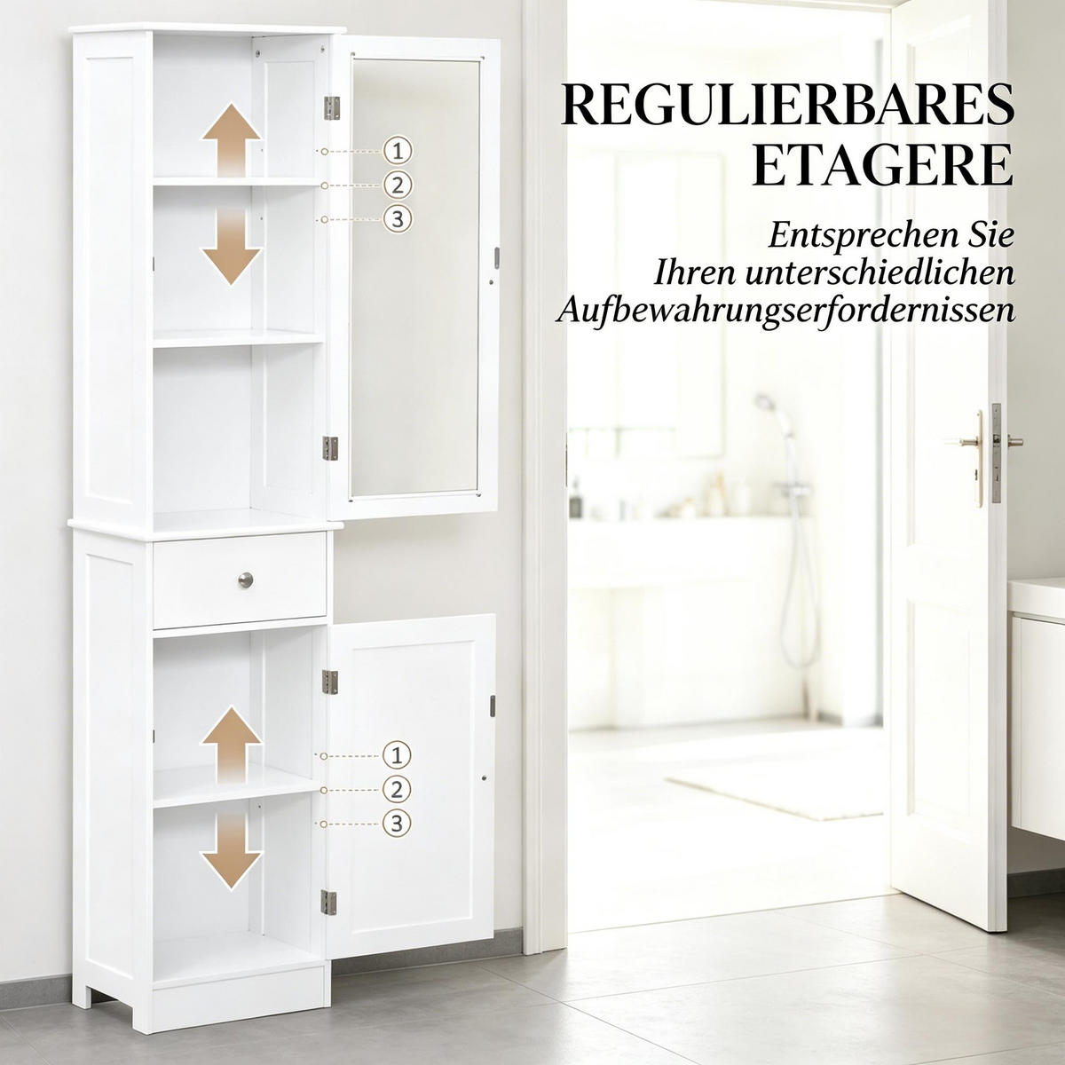 HOCHSCHRANK Weiß mit Türen, Schublade und verstellbaren Einlegeböden 40/27/171,5 cm - Weiß, Holzwerkstoff (40/171.5/27cm) - PANGIVO