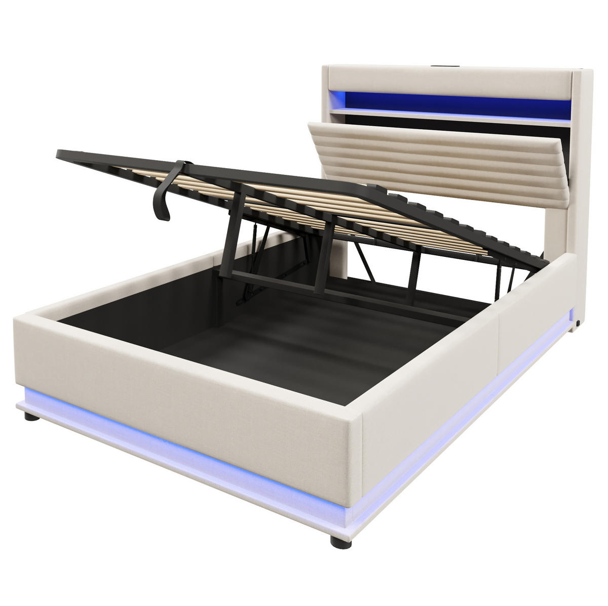 POLSTERBETT 140/200 cm mit LED-Beleuchtung, USB- und Typ-C-Anschluss, hydraulischem Stauraum und Leinenbezug, Beige - Beige, Textil (140/200cm) - Redom