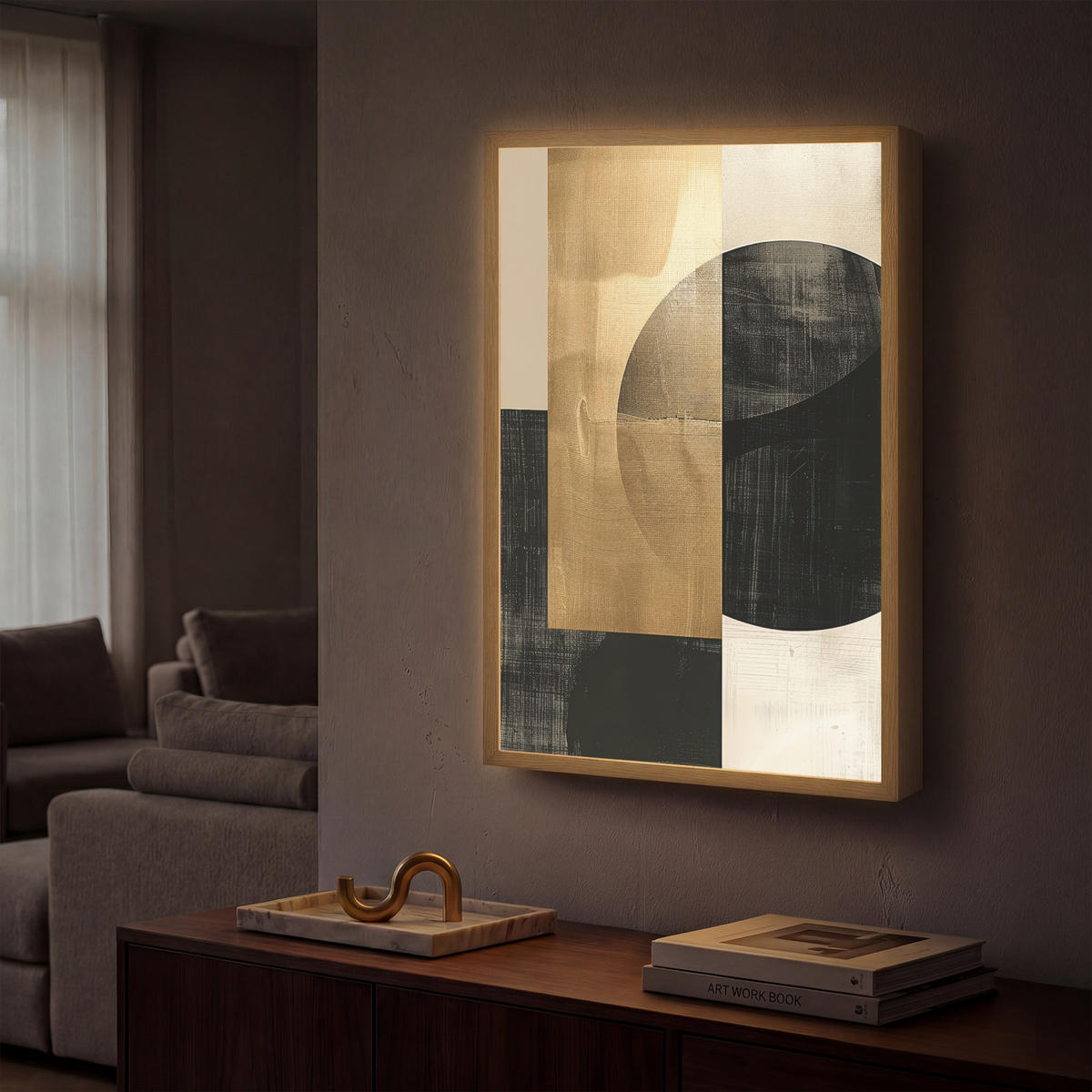 NÁSTĚNNÁ LAMPA S AKUMULÁTOREM Abstraktní - Moderní - Černá - Zlatá 40x60 cm - písková barva, kompozitní dřevo (40/60/8cm) - OnlyWow