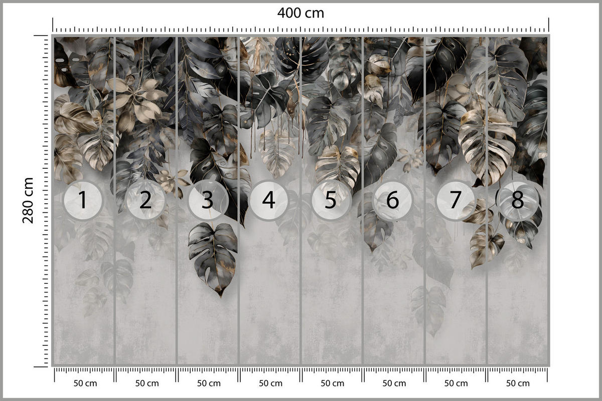 FOTOTAPETE für Wohnzimme Tropenblätter Beton Monstera 400x280 - Gelb/Schwarz, Papier (400/280cm) - Muralo