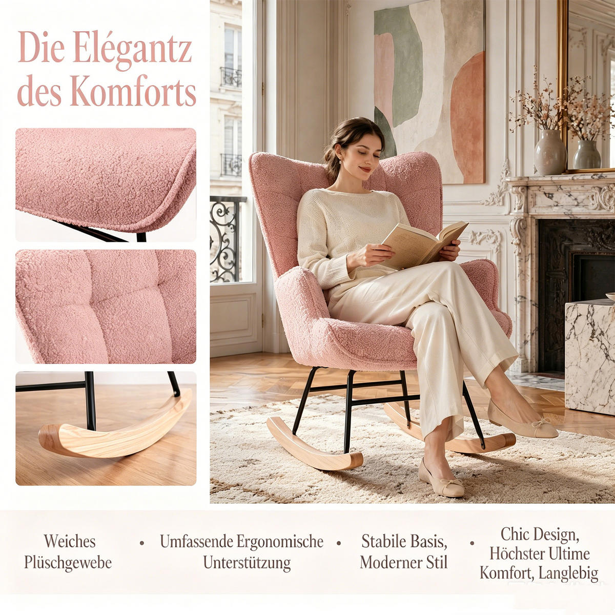 SCHAUKELSTUHL, Entspannend, Teddy-Velours, Belastbarkeit 120 kg, Rosa - Rosa/Kieferfarben, Holz/Textil (68/92/75cm) - GENKI LIVING