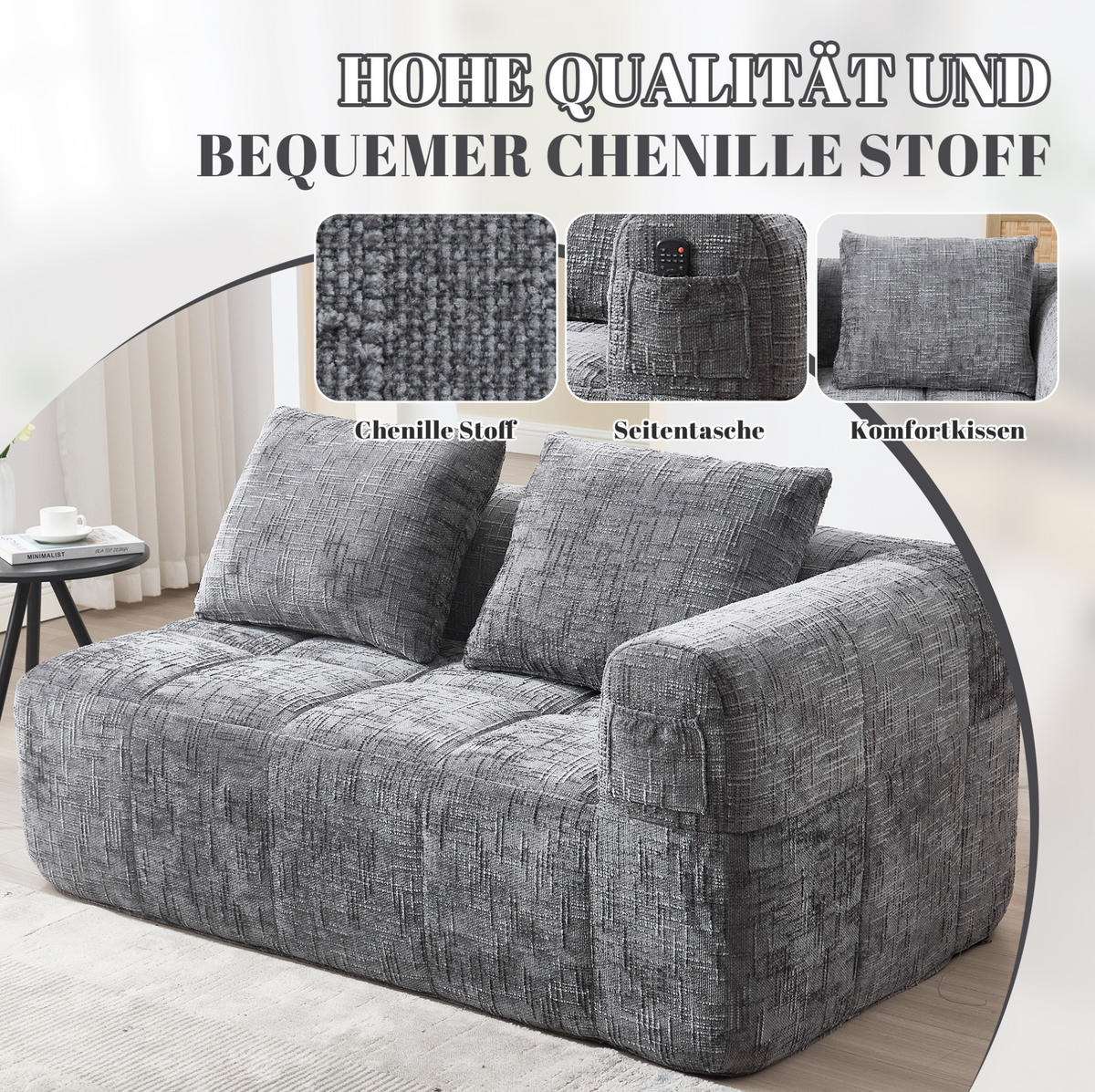 2-SITZER 158/90/60 cm Grau aus Chenille mit Seitentaschen - Grau, Textil (90/60/158cm) - OKMYHOME