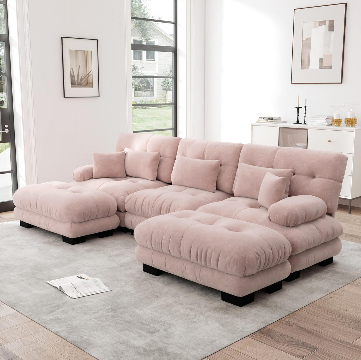 ECKSOFA 313/145/81 cm pink aus Chenille mit modularem Design, Tiefsitz und Ottomane - Pink, Textil (145/313cm) - OKWISH