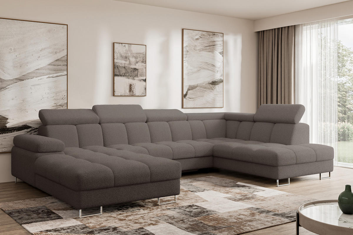 WOHNLANDSCHAFT mit Schlaffunktion und Bettkasten Ottomane RECHTS COMA U 345x203x79 Braun Bouclé - Dunkelbraun, Holzwerkstoff/Textil (203/79/345cm) - ALTDECOR