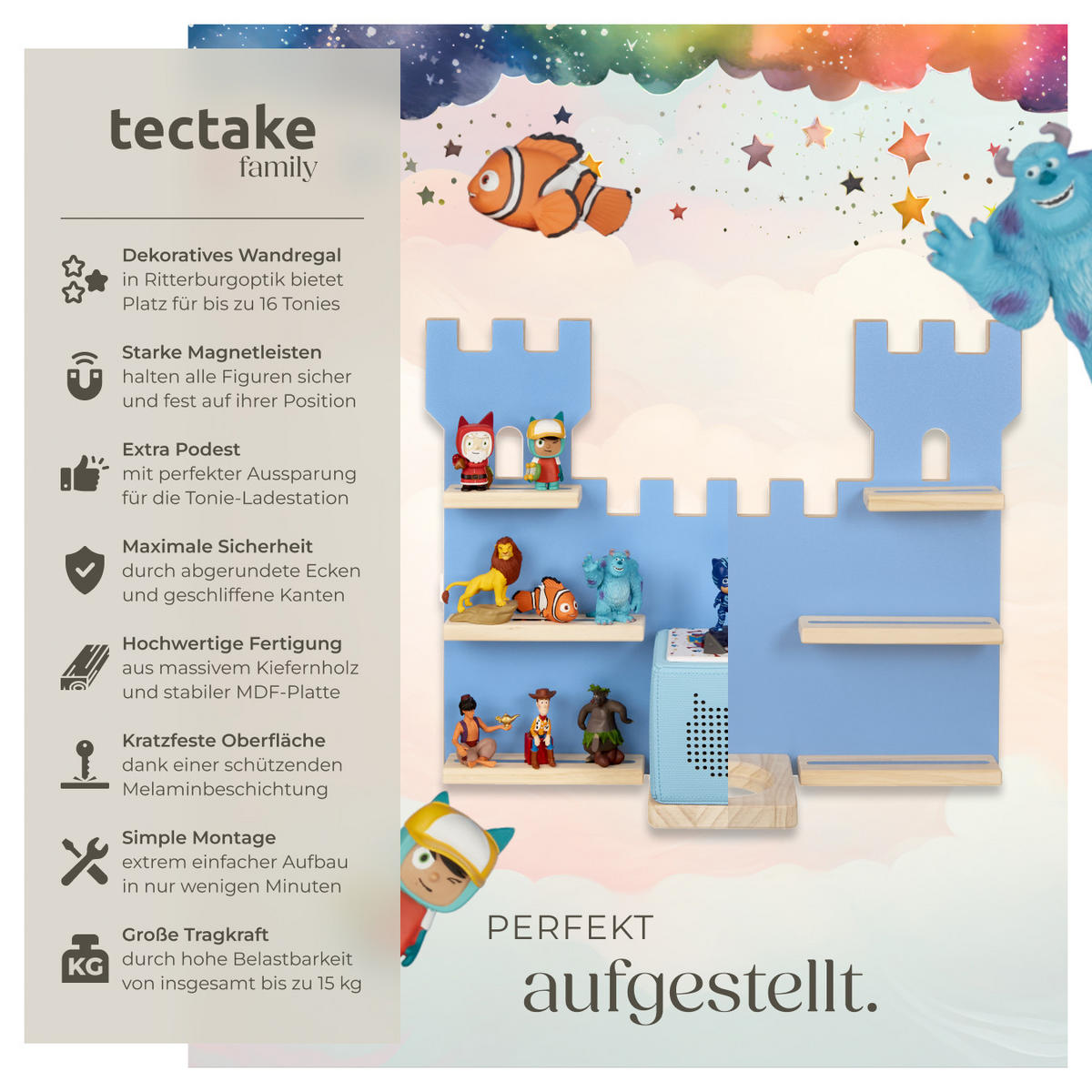 WANDREGAL Mylittlestory Fortress,56 x 15,5 x 43 cm,blau - Blau, Holz (56/43/15.5cm) - tectake