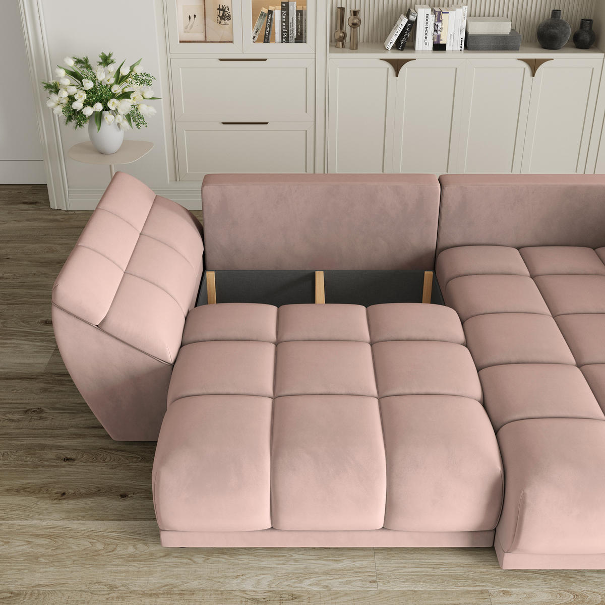 ECKSOFA ORENTI R-S Rosa Velours-Stoff mit Schlaffunktion - Rosa, Holz (287/182cm) - MASSENO