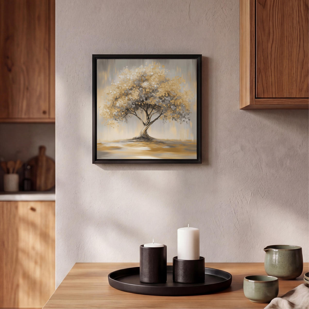 LEINWAND Bilder mit Rahmen - Gemälde - Baum - Abstrakt - Blätter - 20x20 - Beige, Textil (20/20cm) - MuchoWow