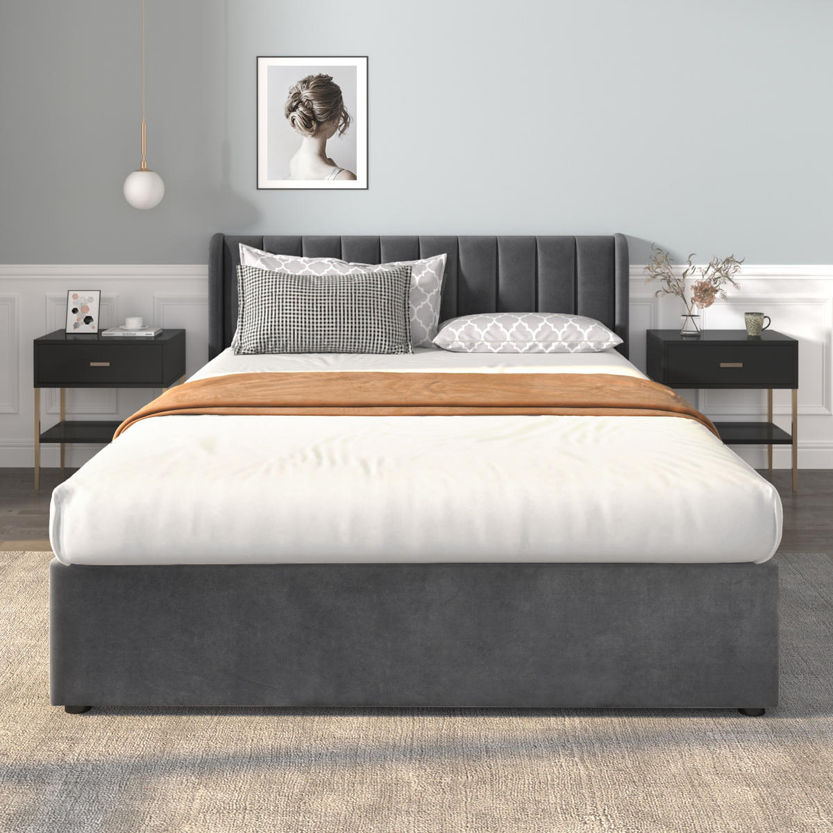 BETT mit 2 Schubladen 160x200 cm Samt Grau - Grau, Holz (160/200cm) - Meubliv