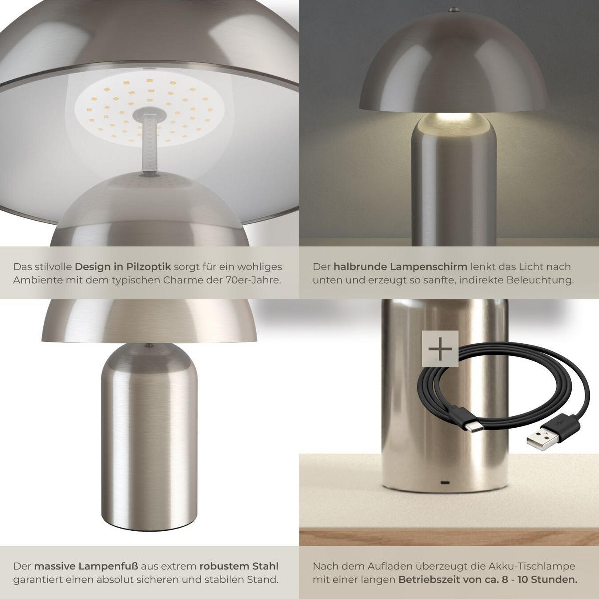 AKKU-TISCHLAMPE Kade,25 x 34 cm,Nickel matt - Nickelfarben, Metall (25/25/34cm) - tectake