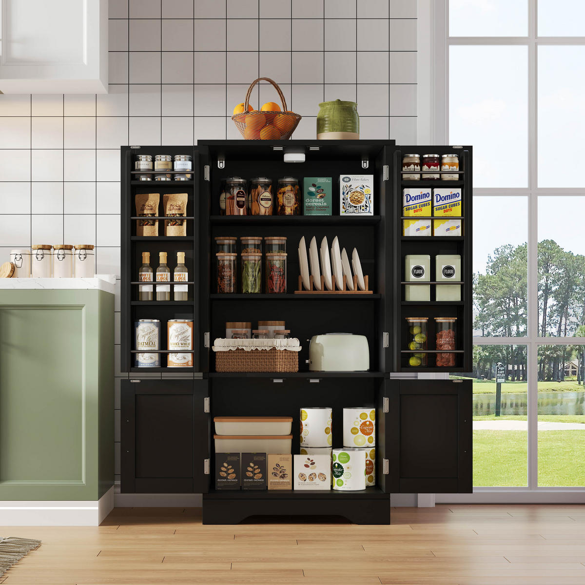 HOCHSCHRANK aus MDF mit 4 Türen, LED-Sensorlicht, 60/40/120 cm, Schwarz - Schwarz, Holzwerkstoff (40/120/60cm) - Redom