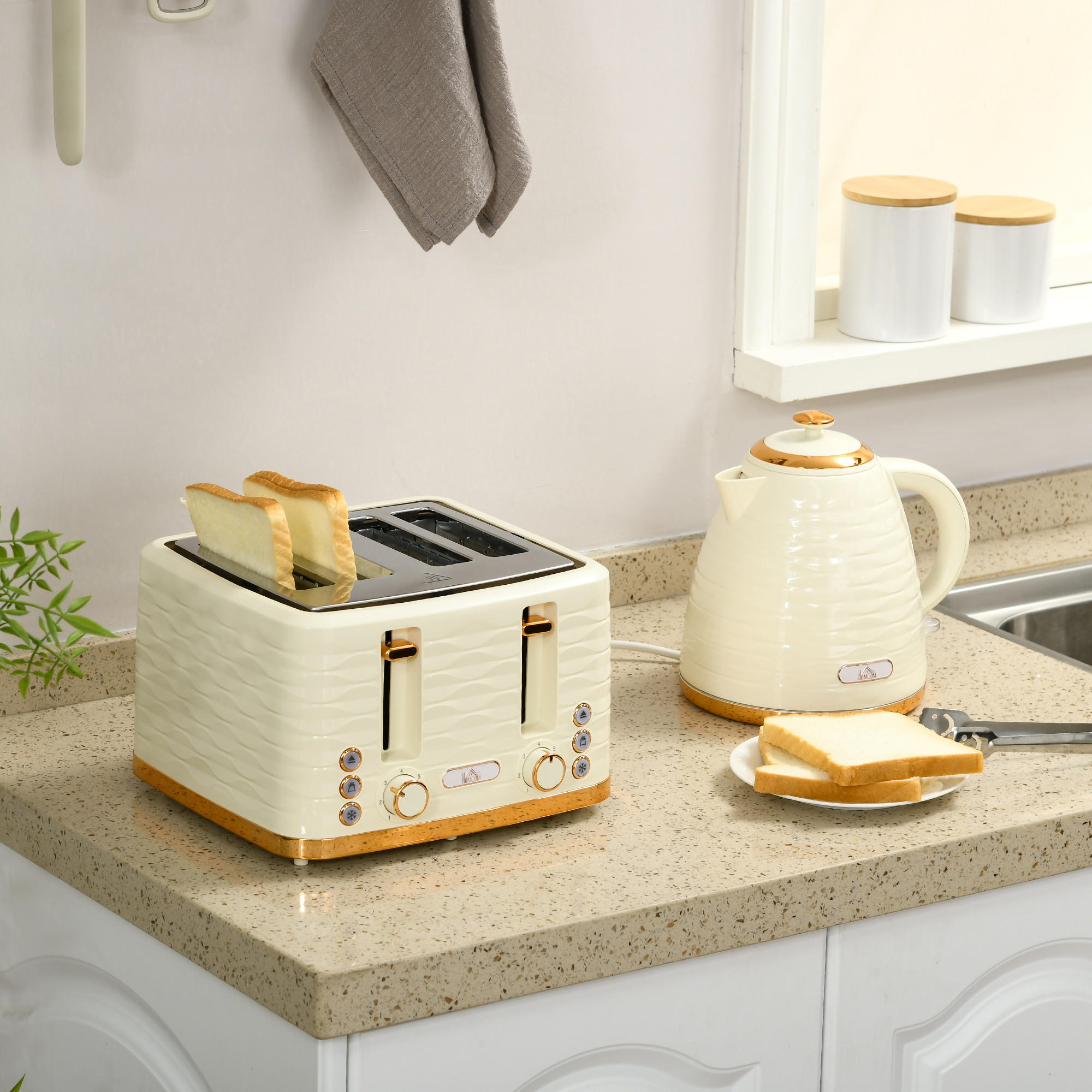 WASSERKOCHER-TOASTER-SET mit 1,7 L Wasserkocher, 4 Scheiben-Toaster, Beige - Beige, Kunststoff (19.5/23.2/24.1cm) - HOMCOM