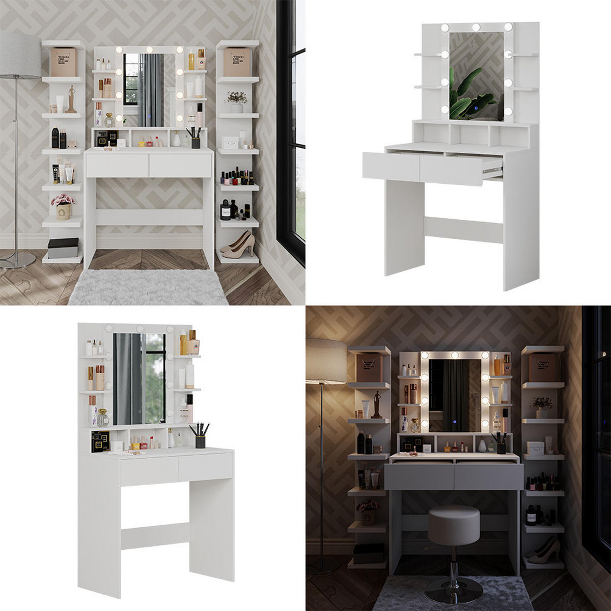 SCHMINKTISCH Taylor Weiß 80 cm mit LED Beleuchtung - Weiß, Holzwerkstoff (80/146.5/40cm) - Vicco
