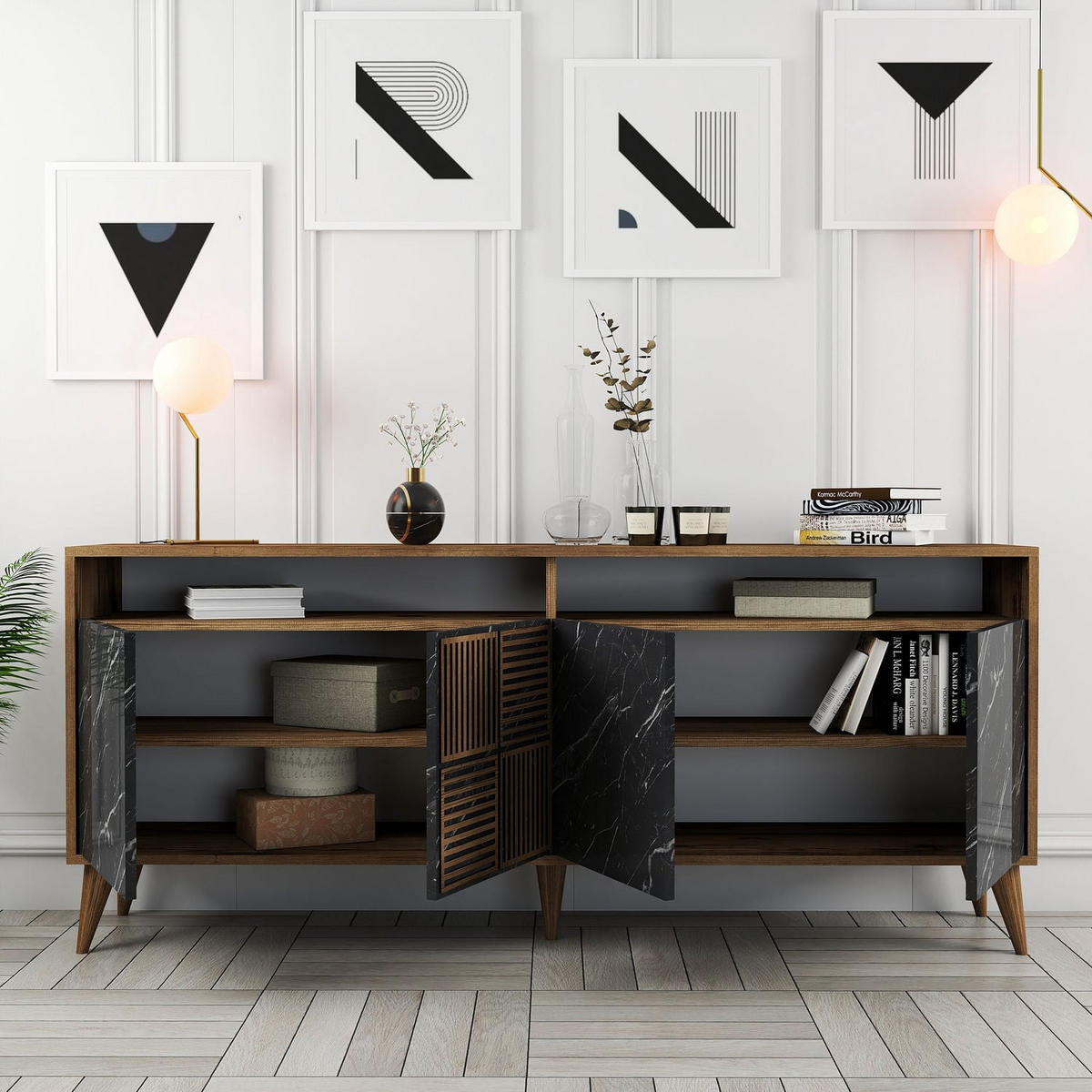 SIDEBOARD 4 Türen L180 cm - Milan - Schwarz, Holzwerkstoff (35/78.6/180cm) - Calicosy
