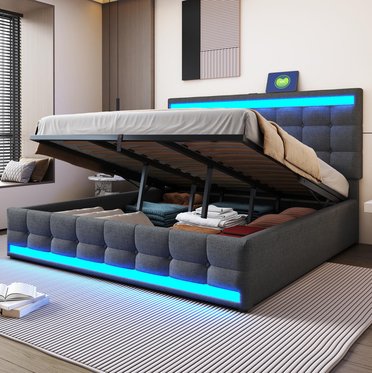 POLSTERBETT 180/200 cm mit RGB-LED, USB-Anschlüssen und verstellbarem Kopfteil, Grau - Grau, Textil (180/200cm) - Redom