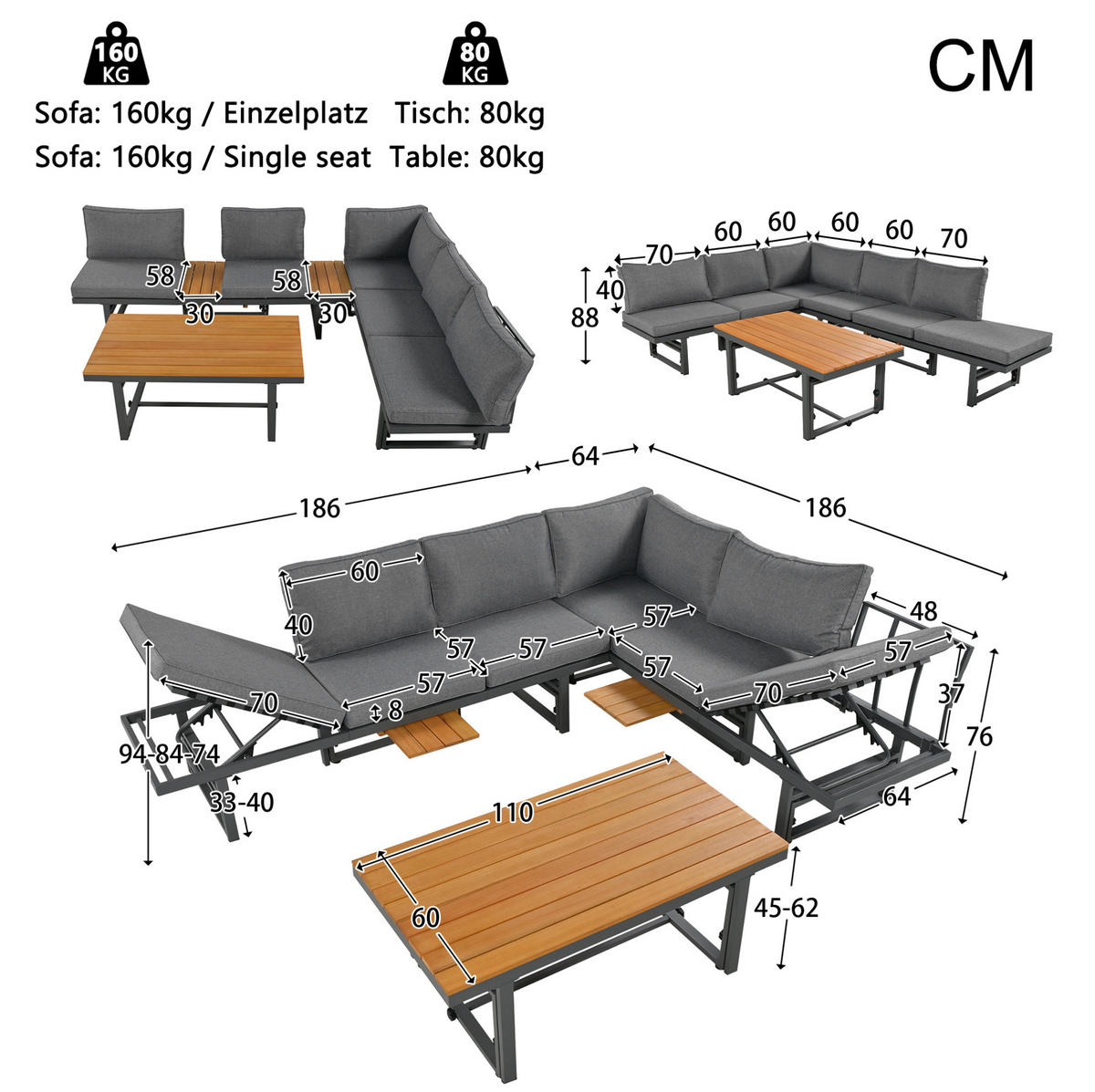 LOUNGEGARNITUR 186/64/70-76 cm Grau aus Eisen 2er Set - Grau, Metall - OKMYHOME