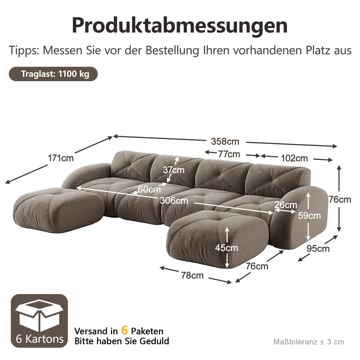 WOHNLANDSCHAFT DE-34276 4-Sitzer mit 2 Hockern Taupe - Taupe, Textil (171/76/358cm) - ComfortXL