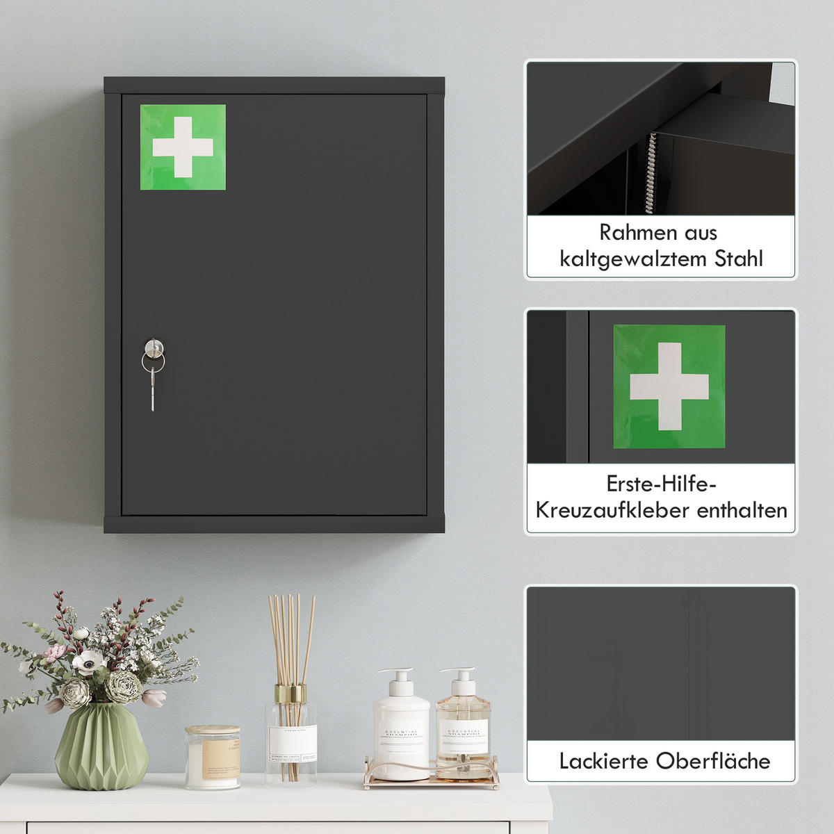 MEDIZINSCHRANK Kaltgewalzter-Stahl Schwarz - Schwarz, Metall (15/53.5/40cm) - Kleankin