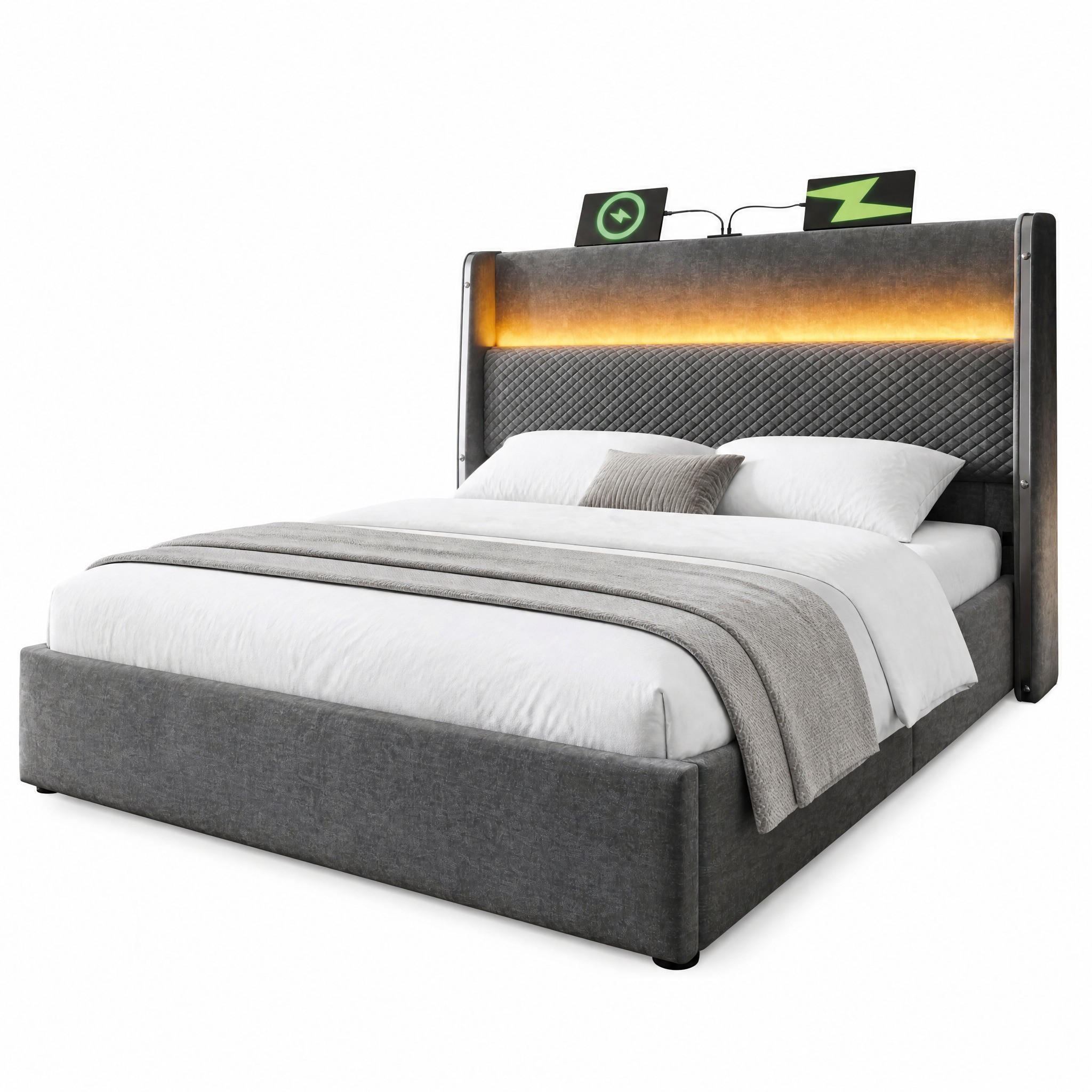 POLSTERBETT 140/200 mit Bettkasten, LED und USB in Grau - Grau, Holzwerkstoff/Textil (140/200cm) - EVRYAE